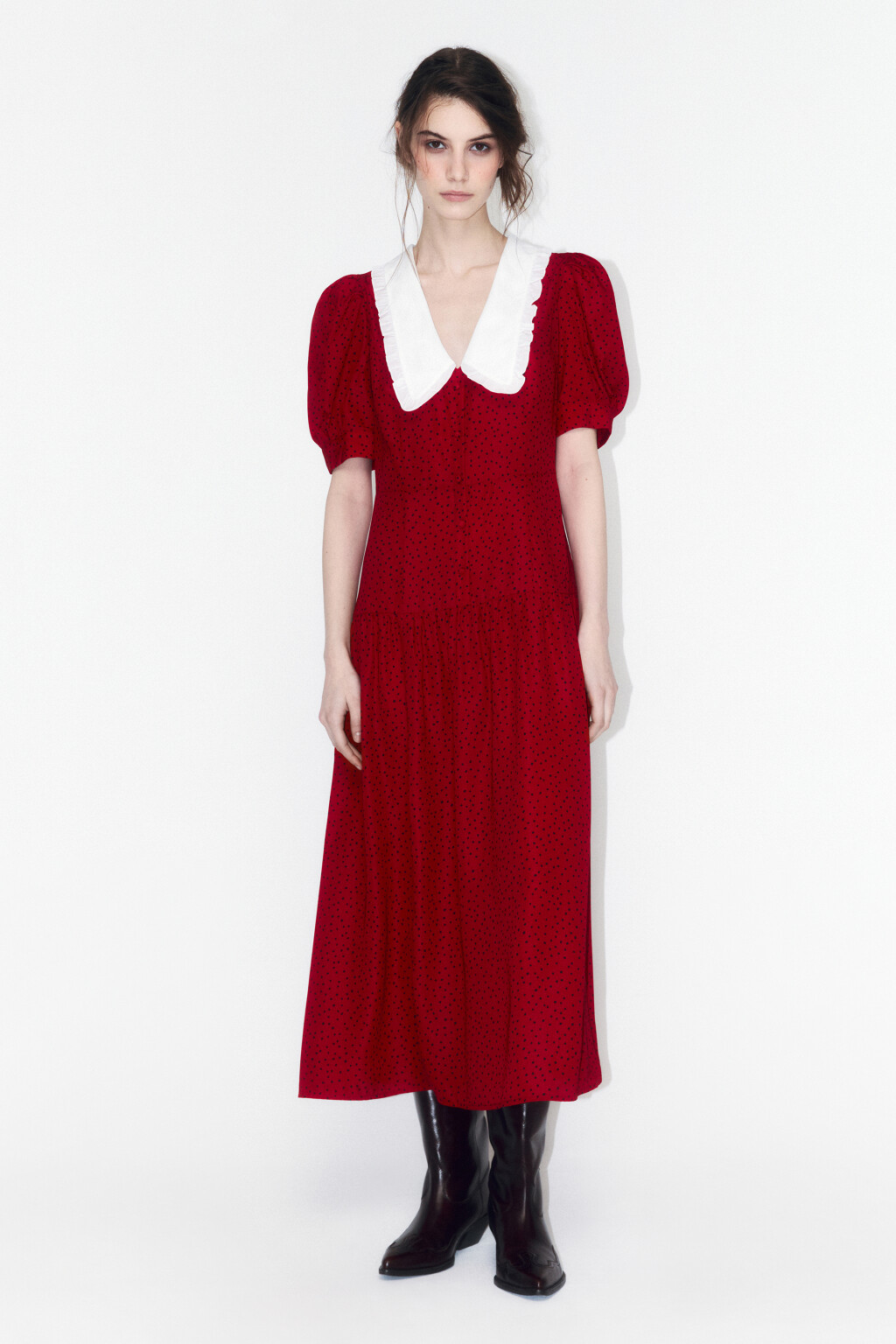 Платье миди приталенное с белым воротничком - цвет красный - 3