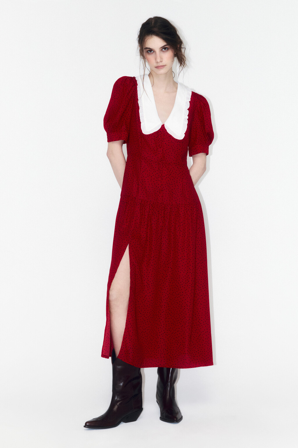 Платье миди приталенное с белым воротничком - цвет красный - 5