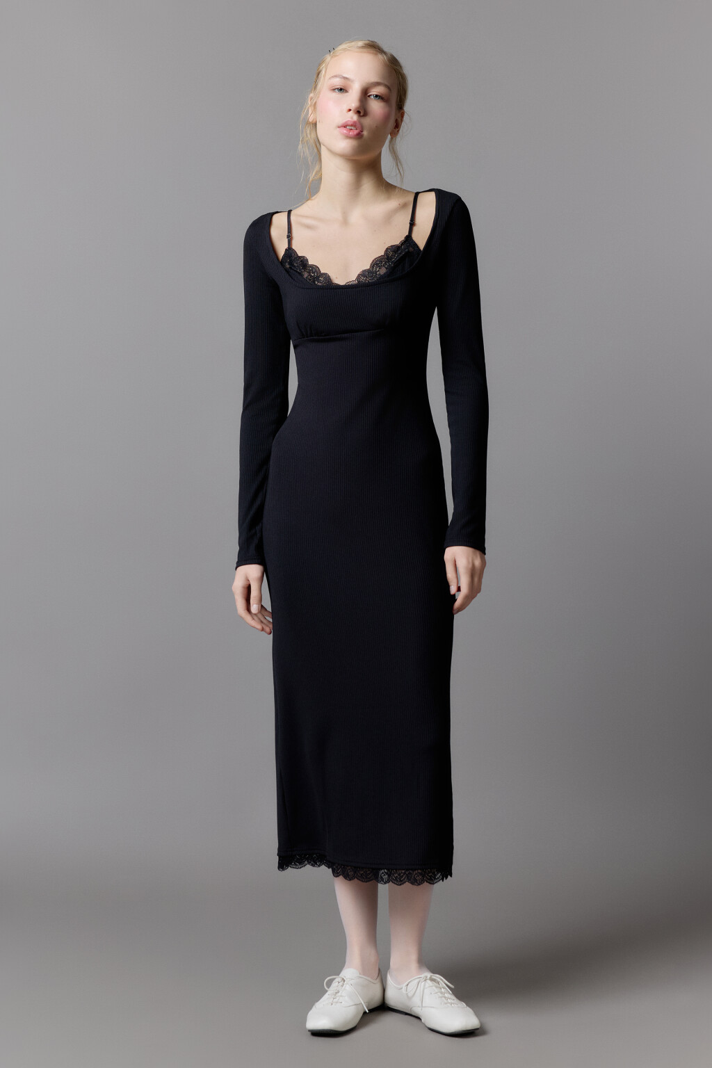 Платье миди в рубчик с кружевной отделкой - цвет черный - 6