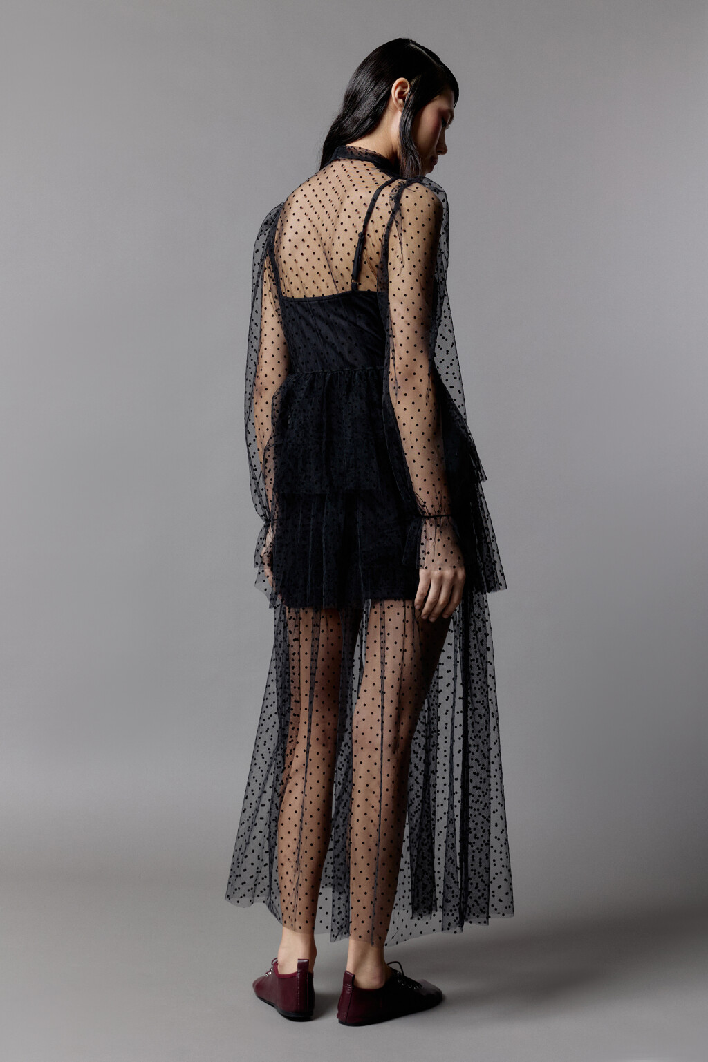 Платье макси сетчатое с воланами и разрезом - цвет черный - 3