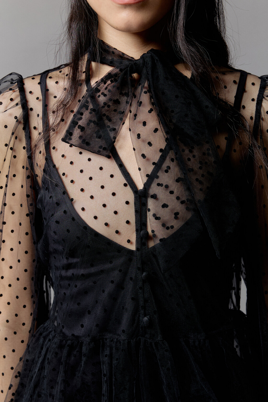 Платье макси сетчатое с воланами и разрезом - цвет черный - 5