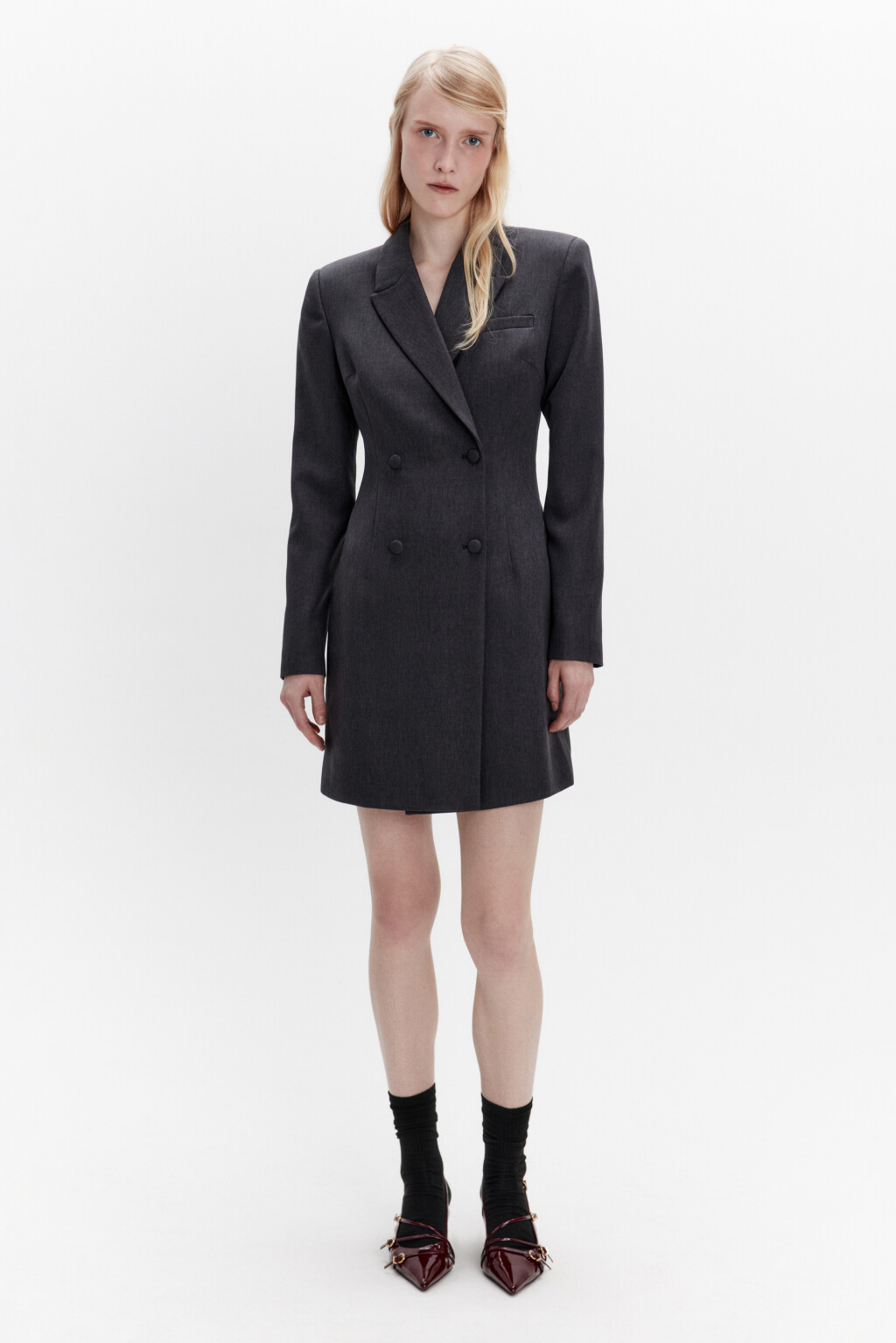 Платье-пиджак мини приталенное с лацканами - цвет серый - 6