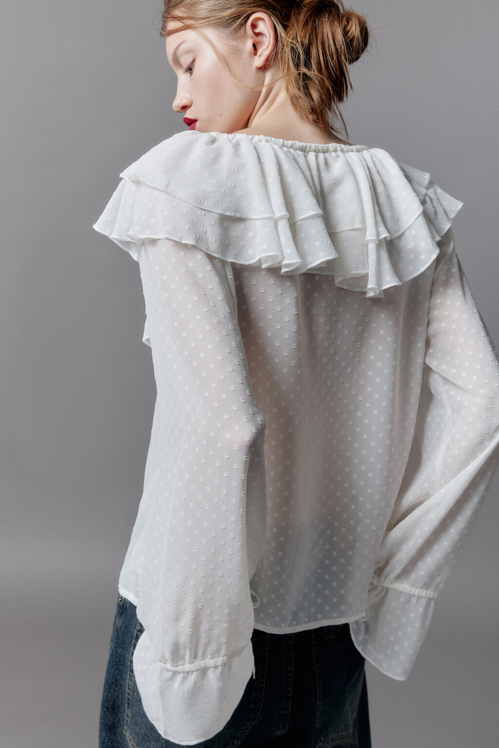 Блузка шифоновая с воланами и завязками - цвет бежевый - 3