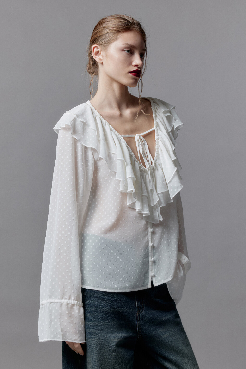 Блузка шифоновая с воланами и завязками - цвет бежевый - 6