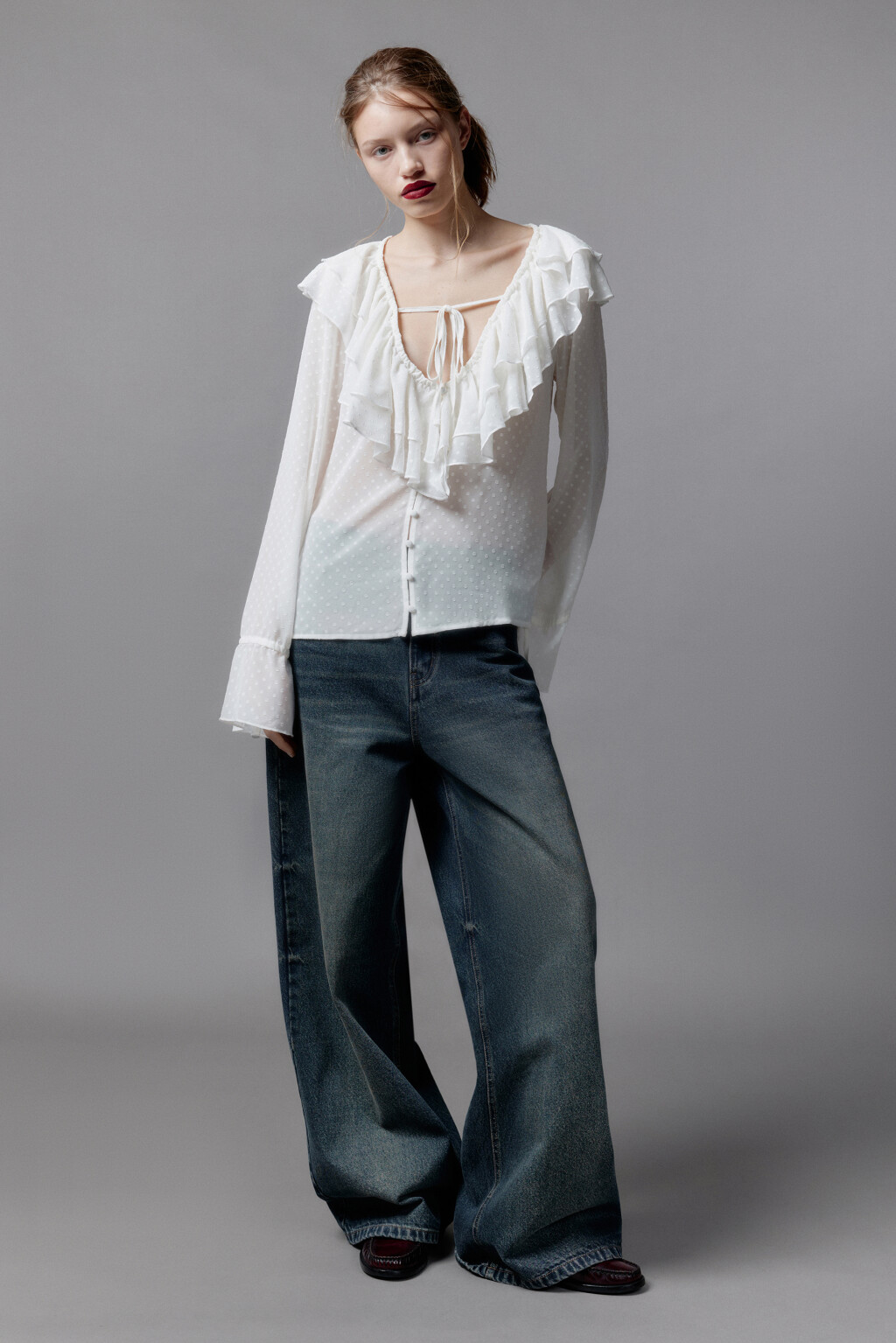 Блузка шифоновая с воланами и завязками - цвет бежевый - 9