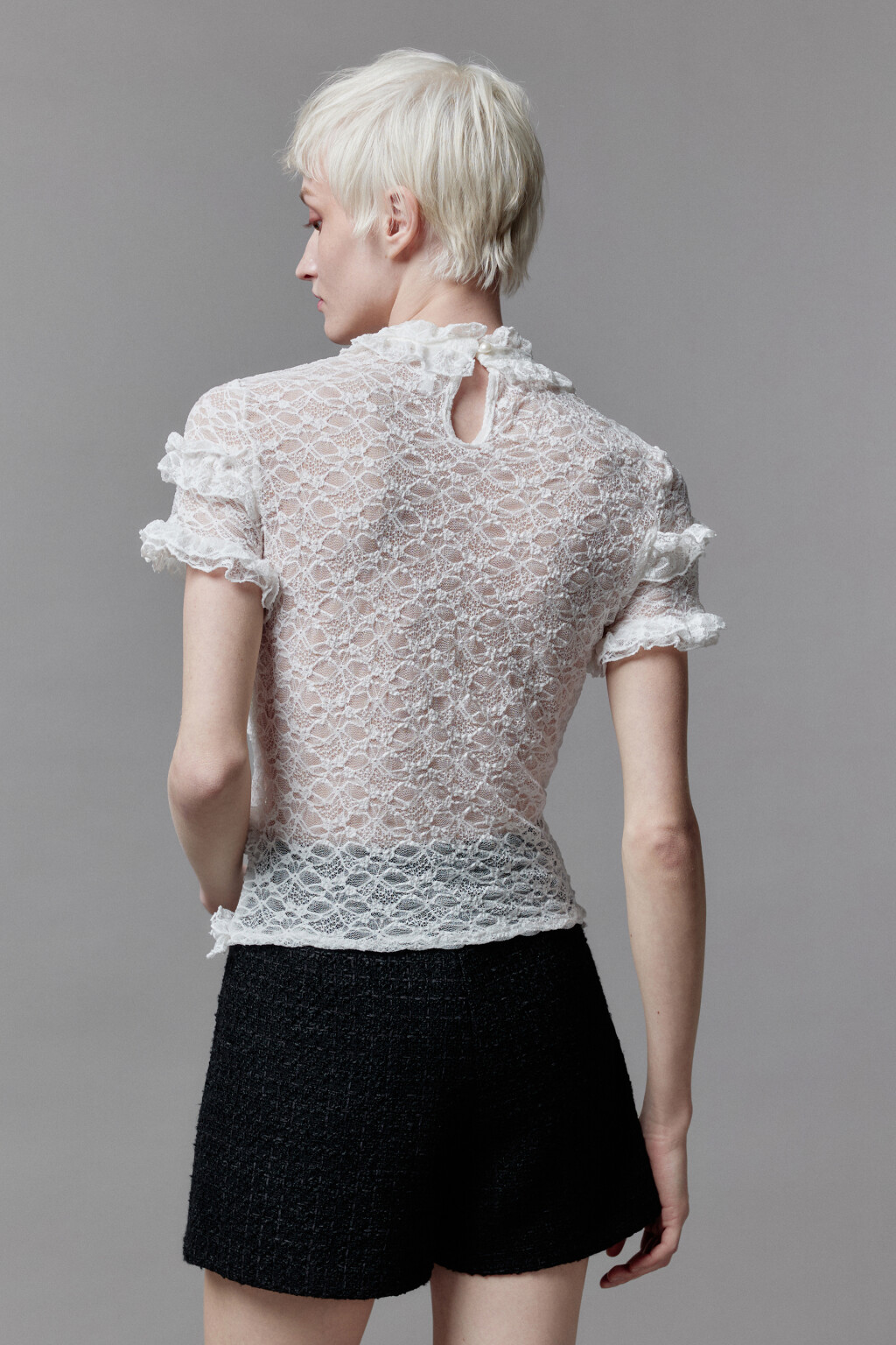 Блузка кружевная с оборками и бантом - цвет белый - 5