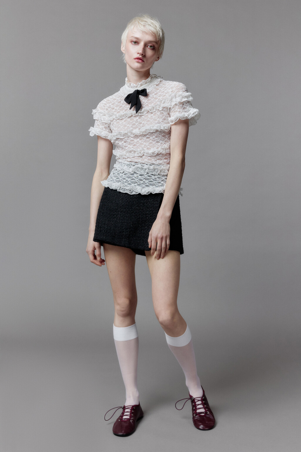 Блузка кружевная с оборками и бантом - цвет белый - 6