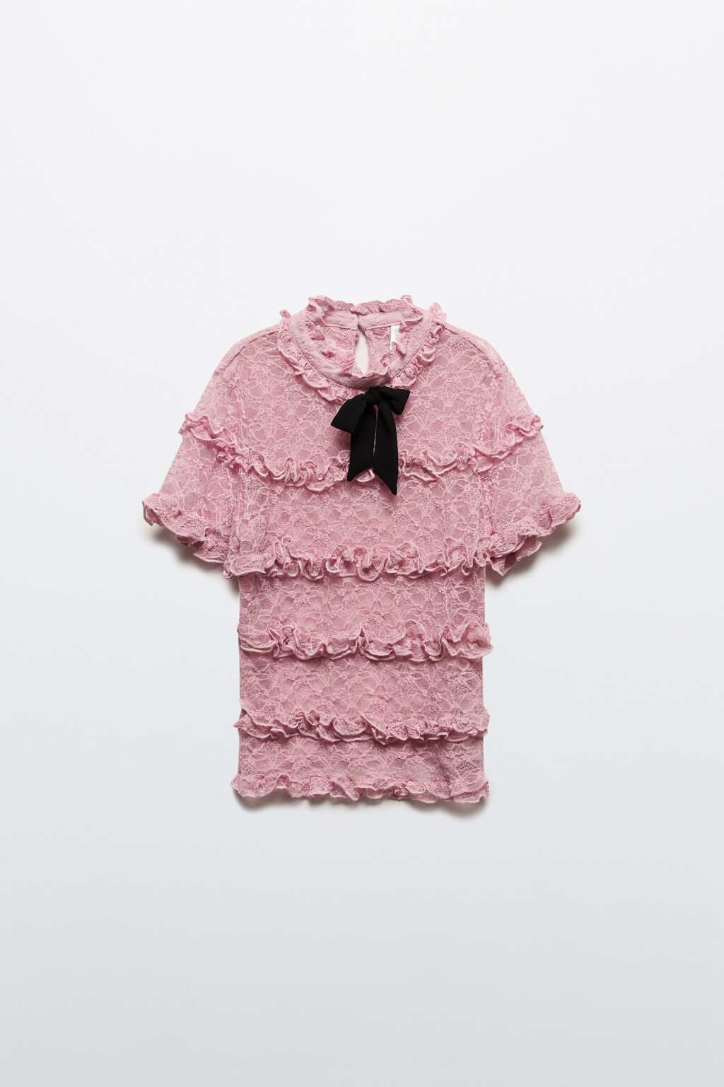 Блузка кружевная с оборками и бантом - цвет розовый - 9