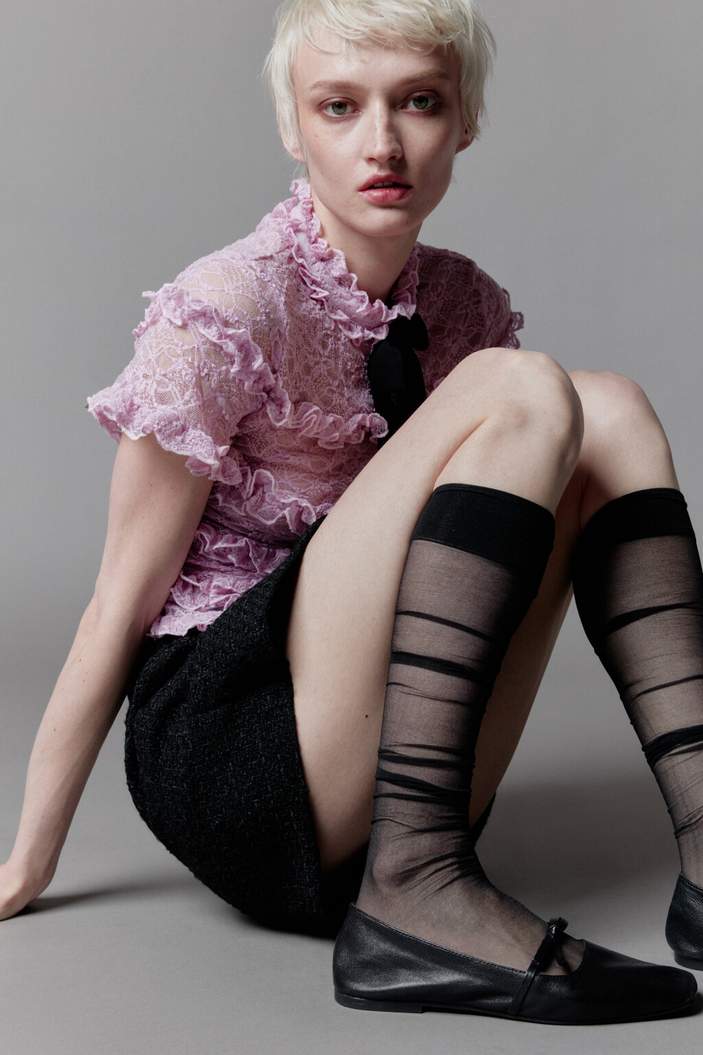 Блузка кружевная с оборками и бантом - цвет розовый - 2