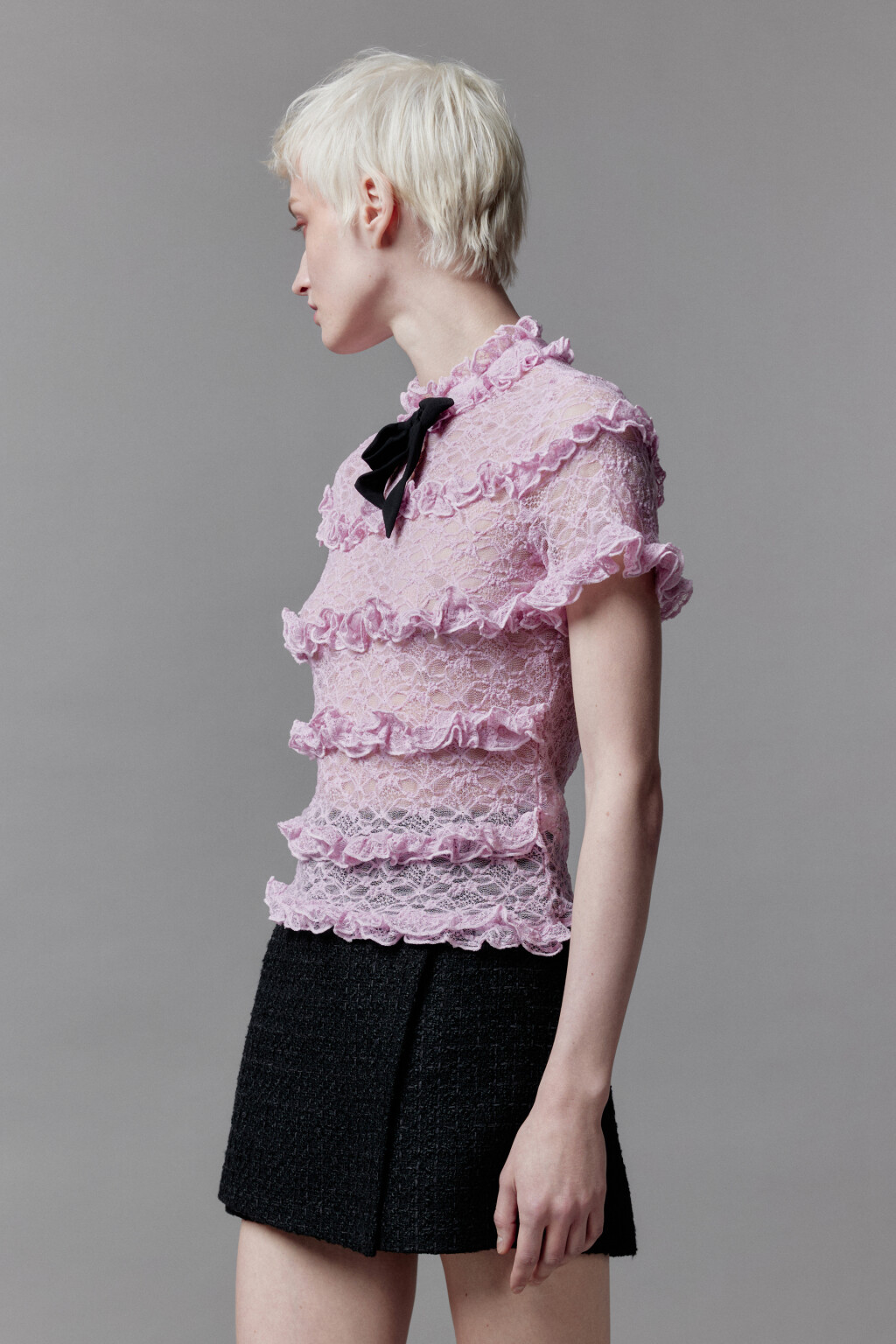 Блузка кружевная с оборками и бантом - цвет розовый - 4