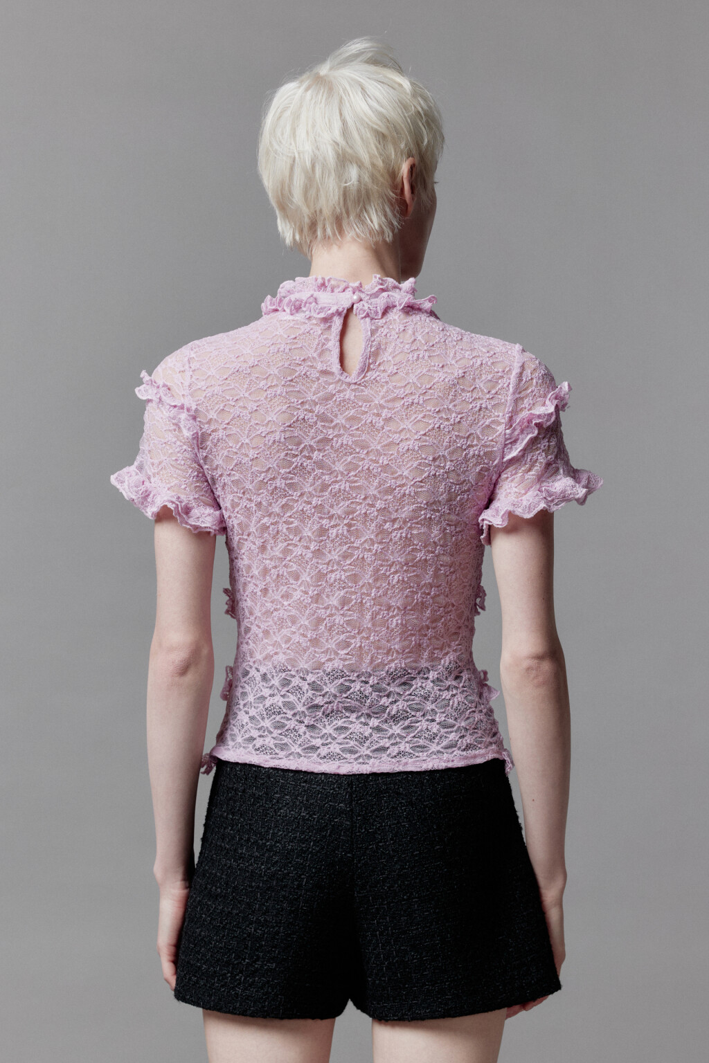 Блузка кружевная с оборками и бантом - цвет розовый - 5