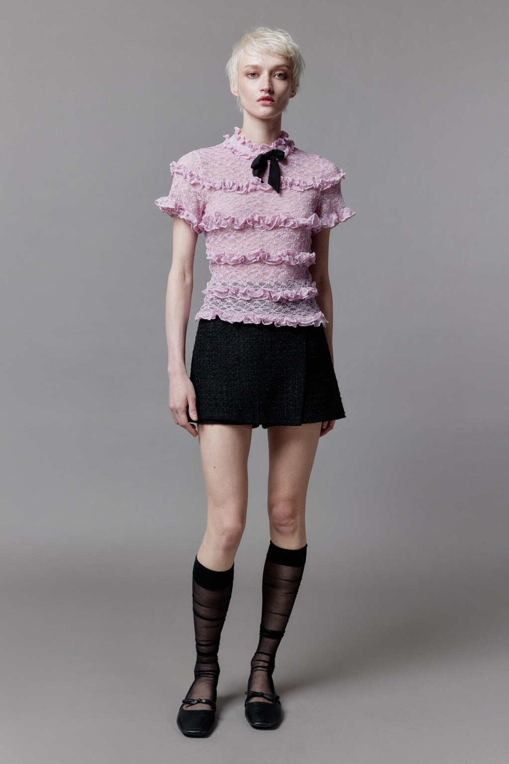 Блузка кружевная с оборками и бантом - цвет розовый - 6