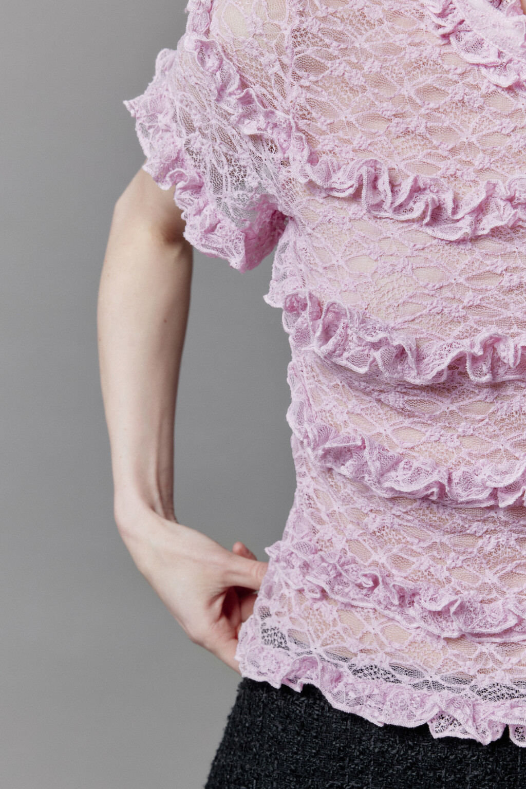 Блузка кружевная с оборками и бантом - цвет розовый - 8