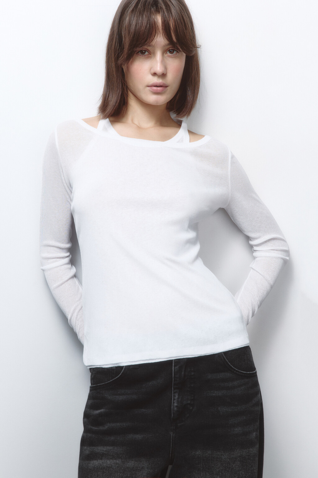 Лонгслив двуслойный с подкладкой-майкой - цвет белый - 1