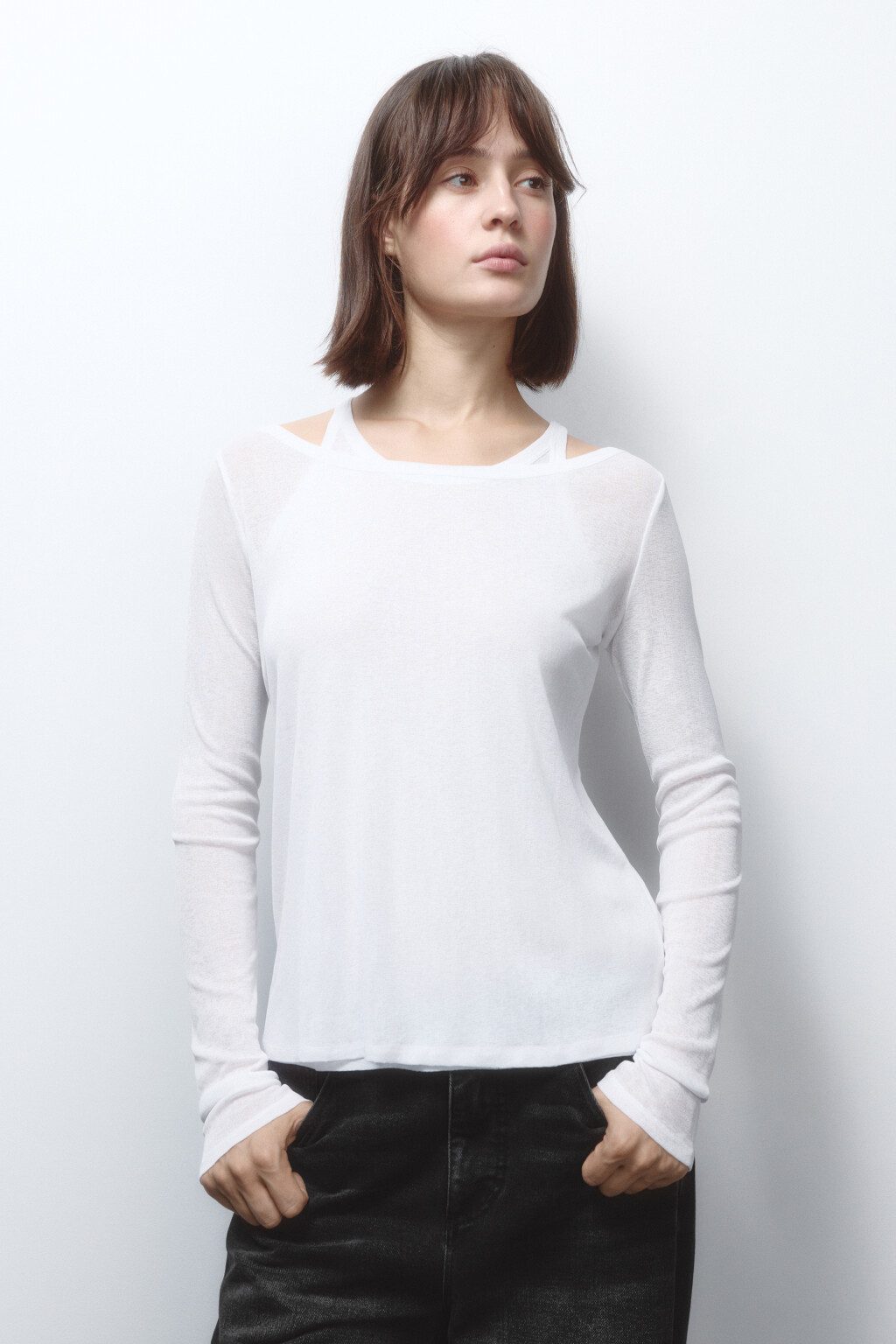 Лонгслив двуслойный с подкладкой-майкой - цвет белый - 2