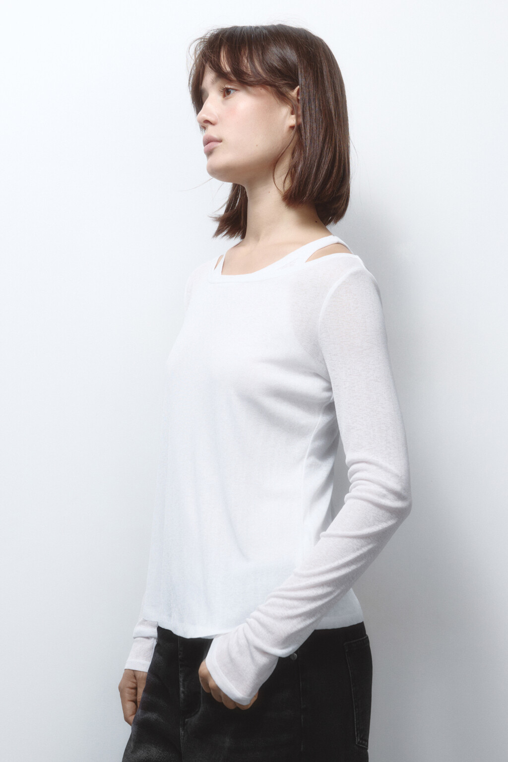 Лонгслив двуслойный с подкладкой-майкой - цвет белый - 3