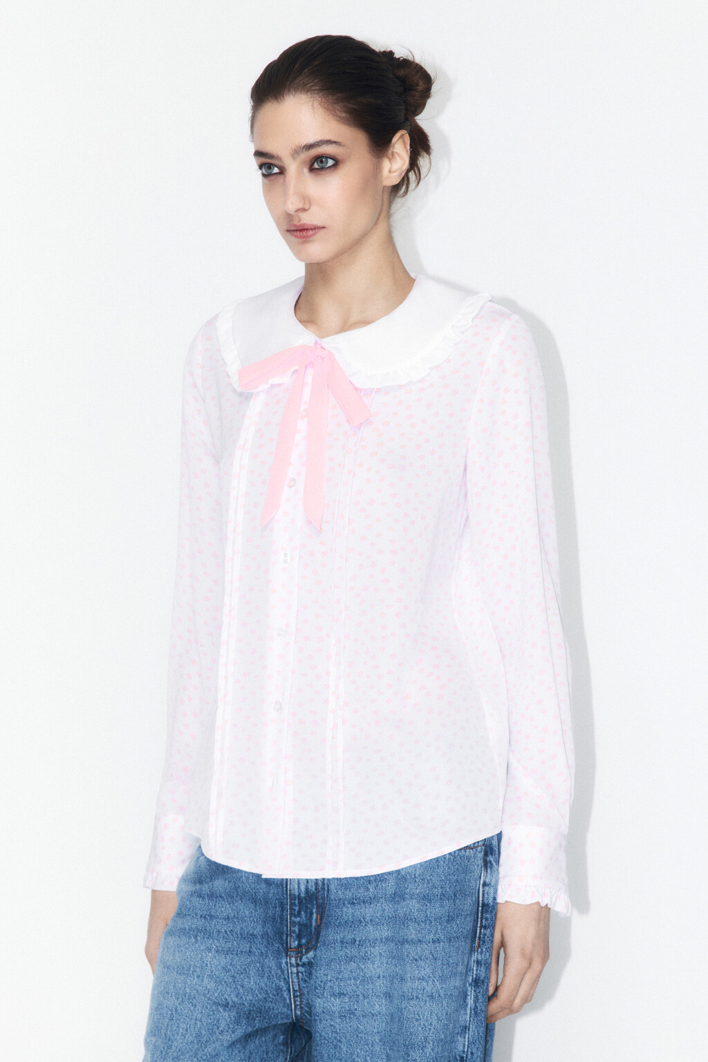 Блузка с оборками и галстуком - цвет мультиколор - 3