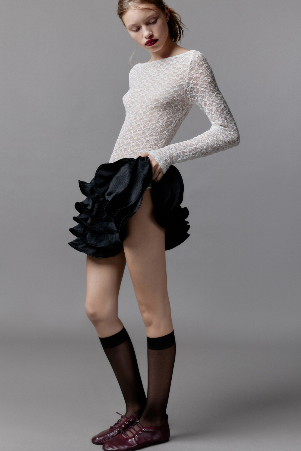 Блузка-боди кружевная с длинными рукавами - цвет белый - 2