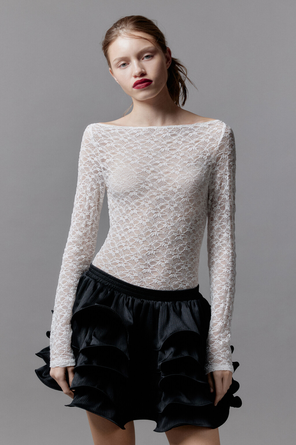 Блузка-боди кружевная с длинными рукавами - цвет белый - 3