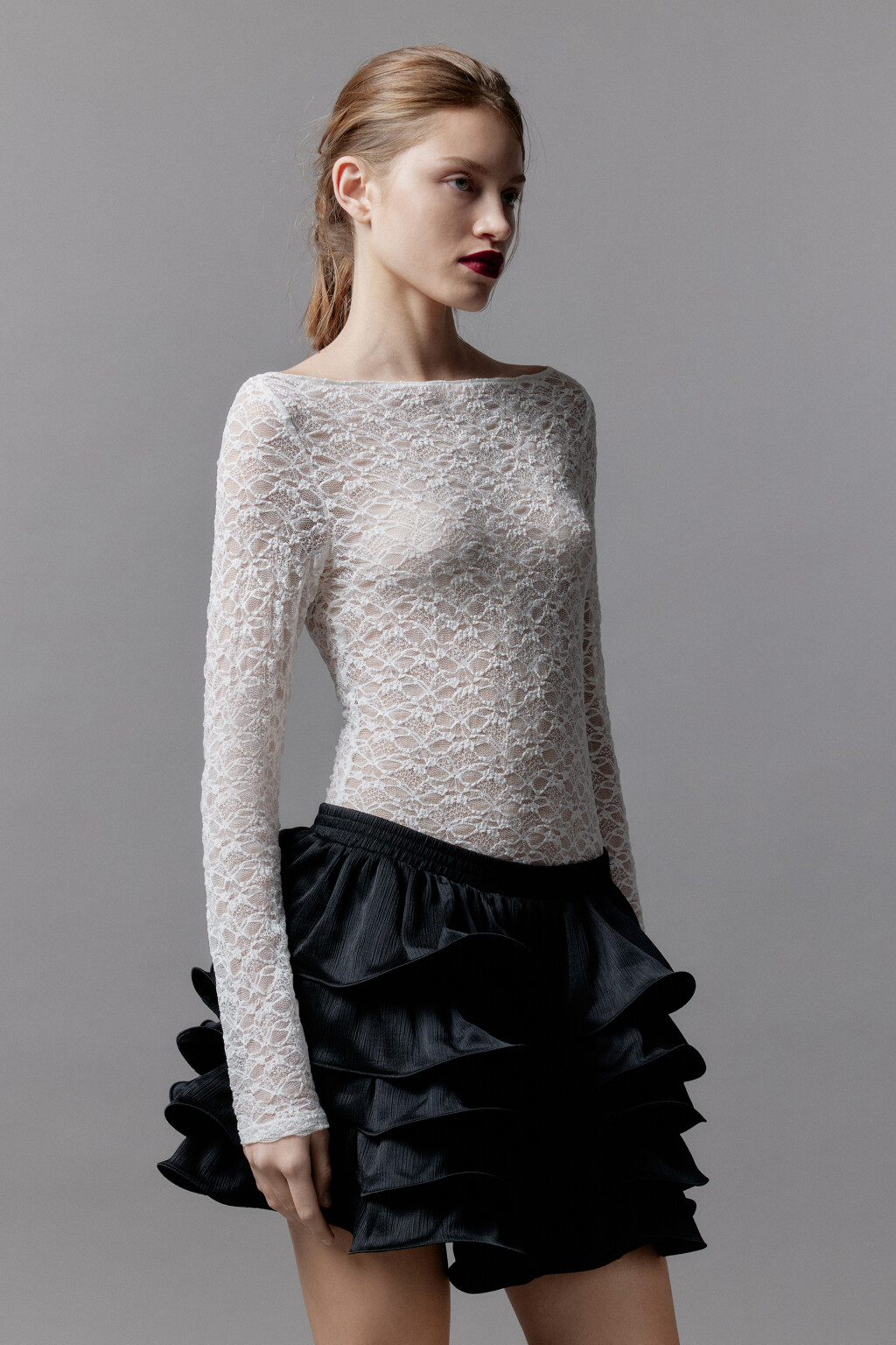 Блузка-боди кружевная с длинными рукавами - цвет белый - 4