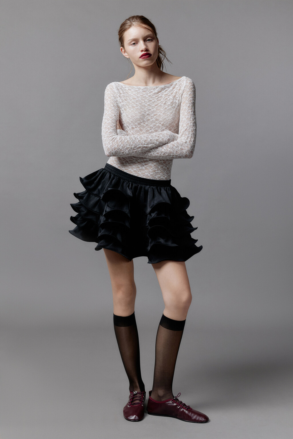 Блузка-боди кружевная с длинными рукавами - цвет белый - 6