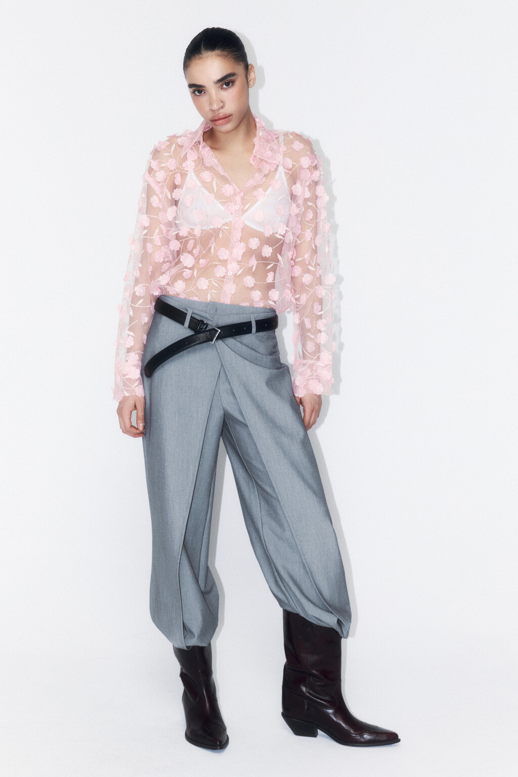Рубашка из органзы с цветочными аппликациями - цвет розовый - 7