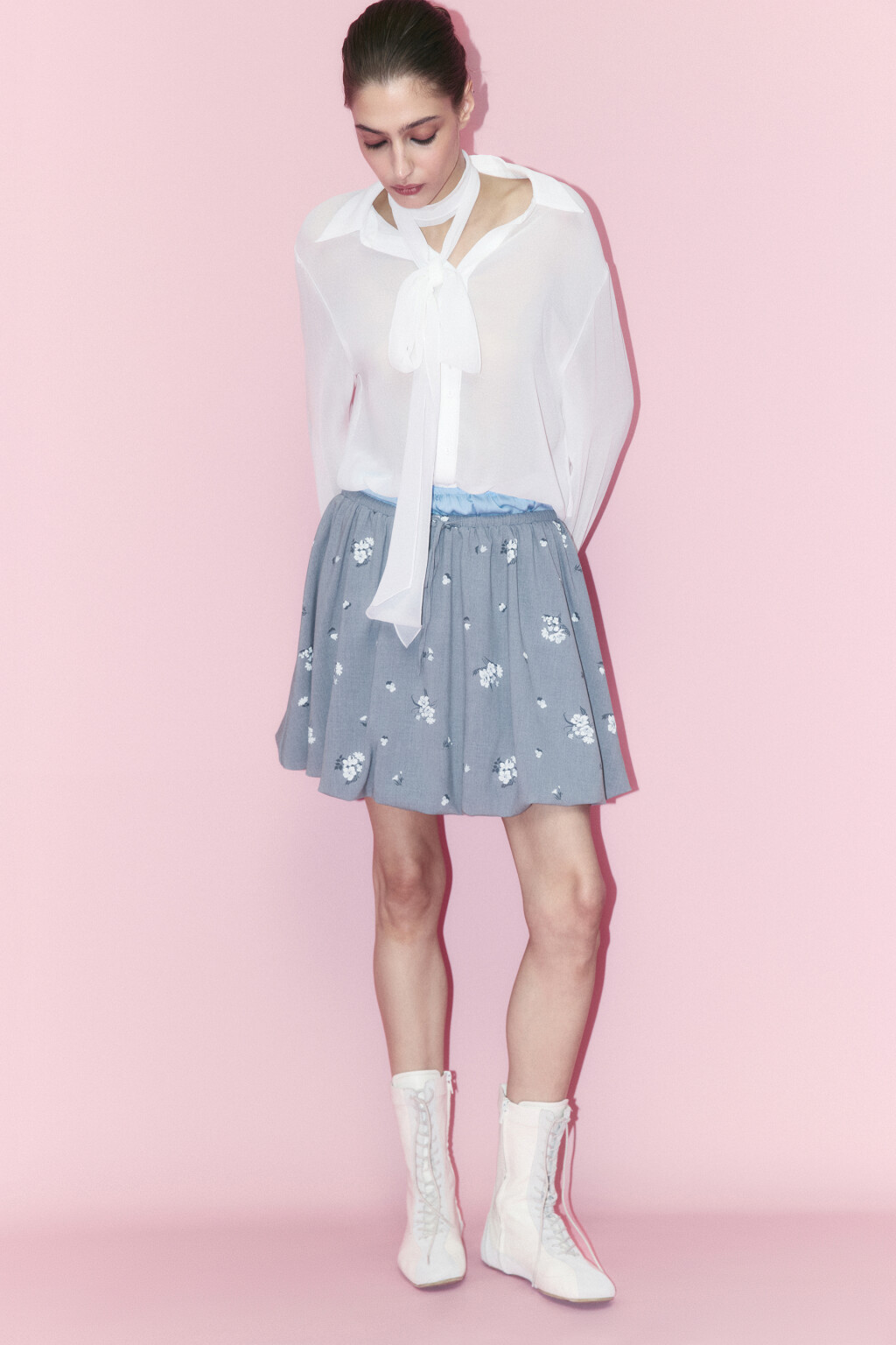 Блузка шифоновая с галстуком-бантом - цвет молочный - 2