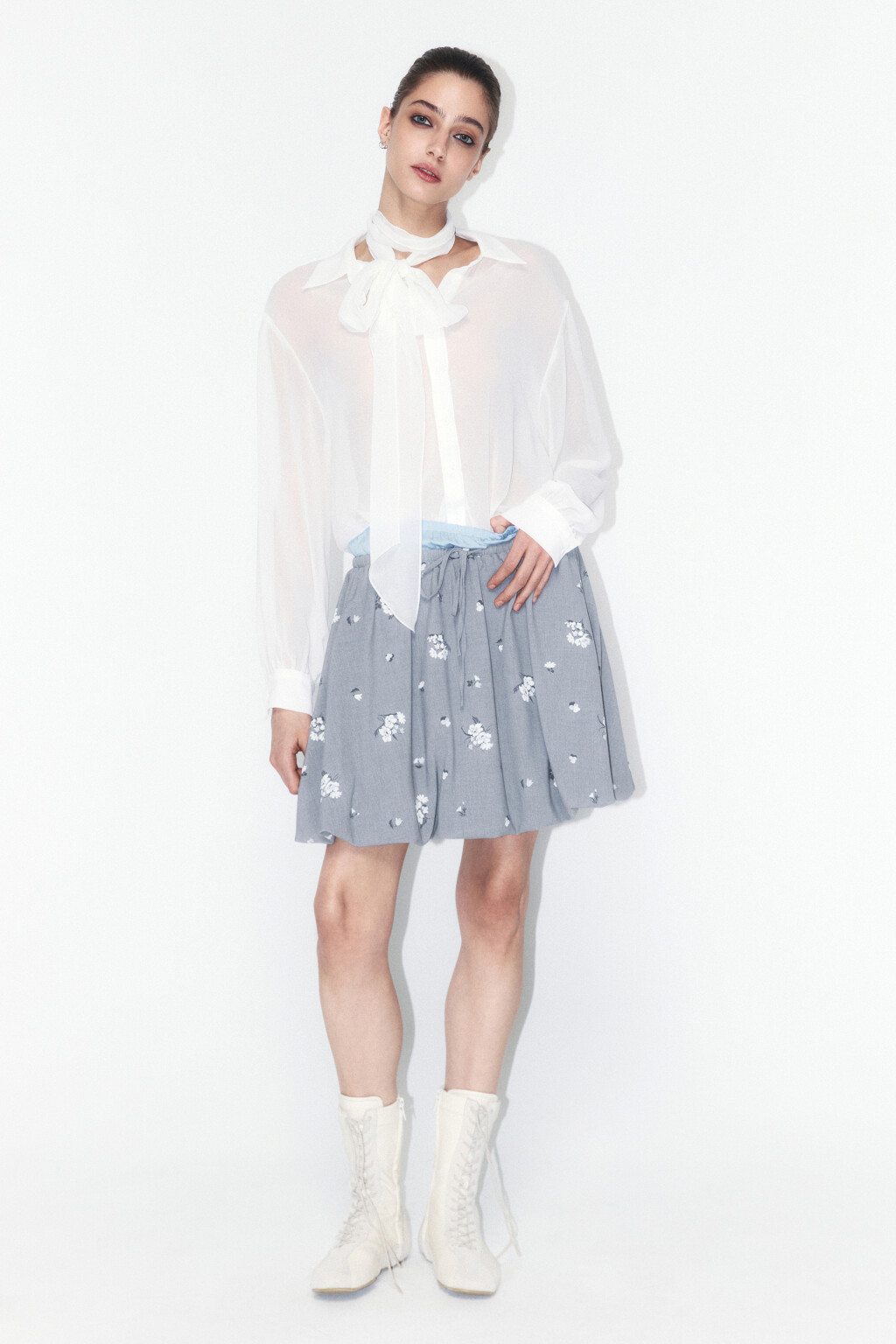 Блузка шифоновая с галстуком-бантом - цвет молочный - 3