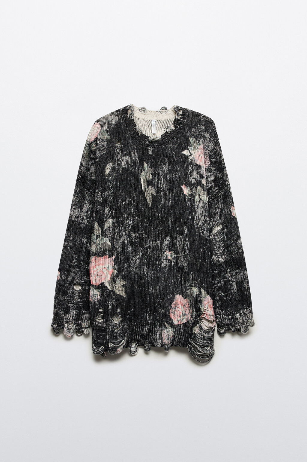 Джемпер вязаный рваный с цветочным принтом - цвет черный - 9