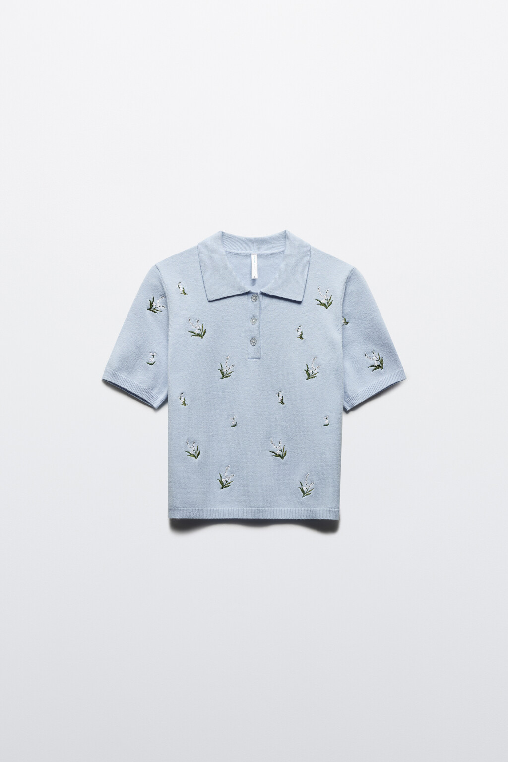 Футболка-поло вязаная укороченная с вышивкой - цвет голубой - 7