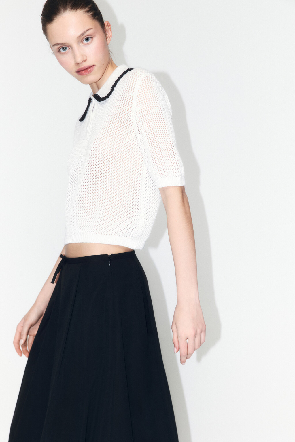 Джемпер-поло ажурный с короткими рукавами - цвет молочный - 1