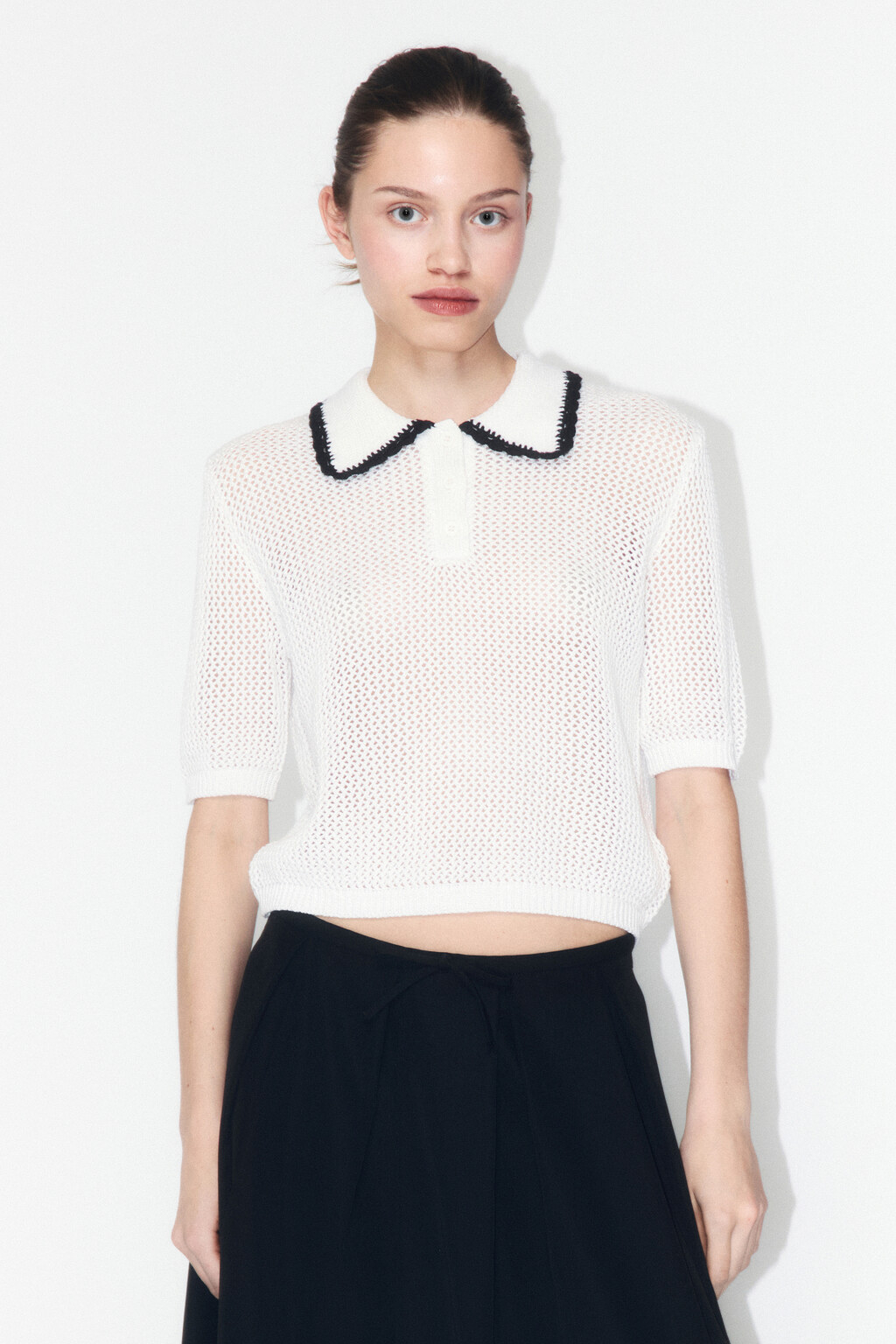 Джемпер-поло ажурный с короткими рукавами - цвет молочный - 2