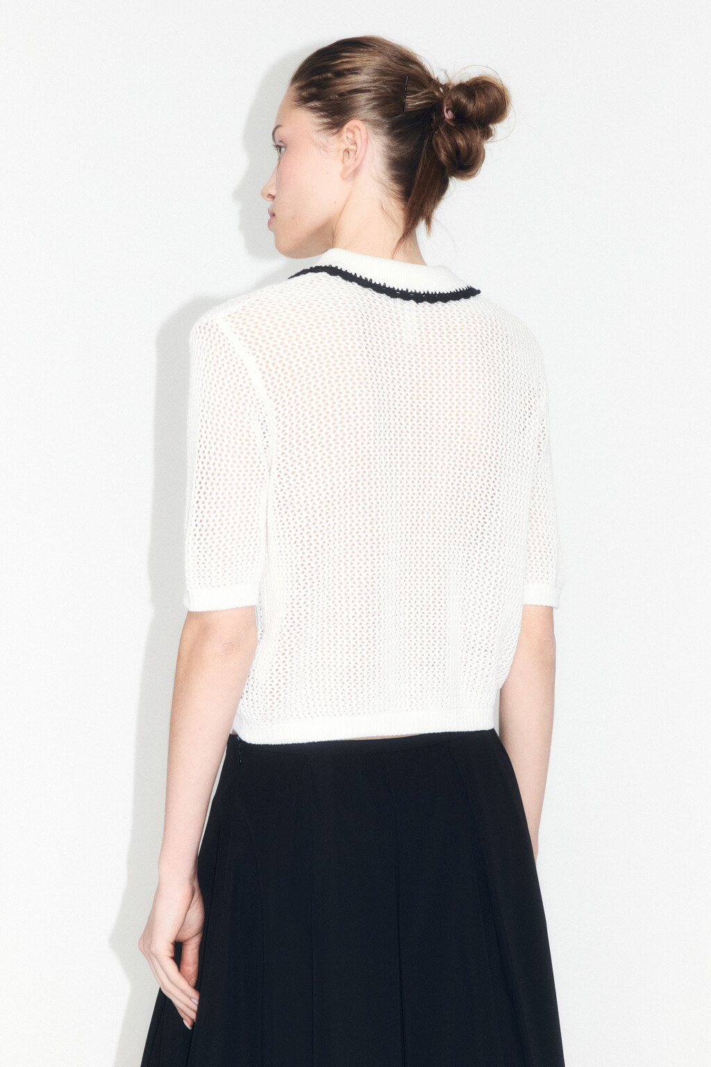 Джемпер-поло ажурный с короткими рукавами - цвет молочный - 3
