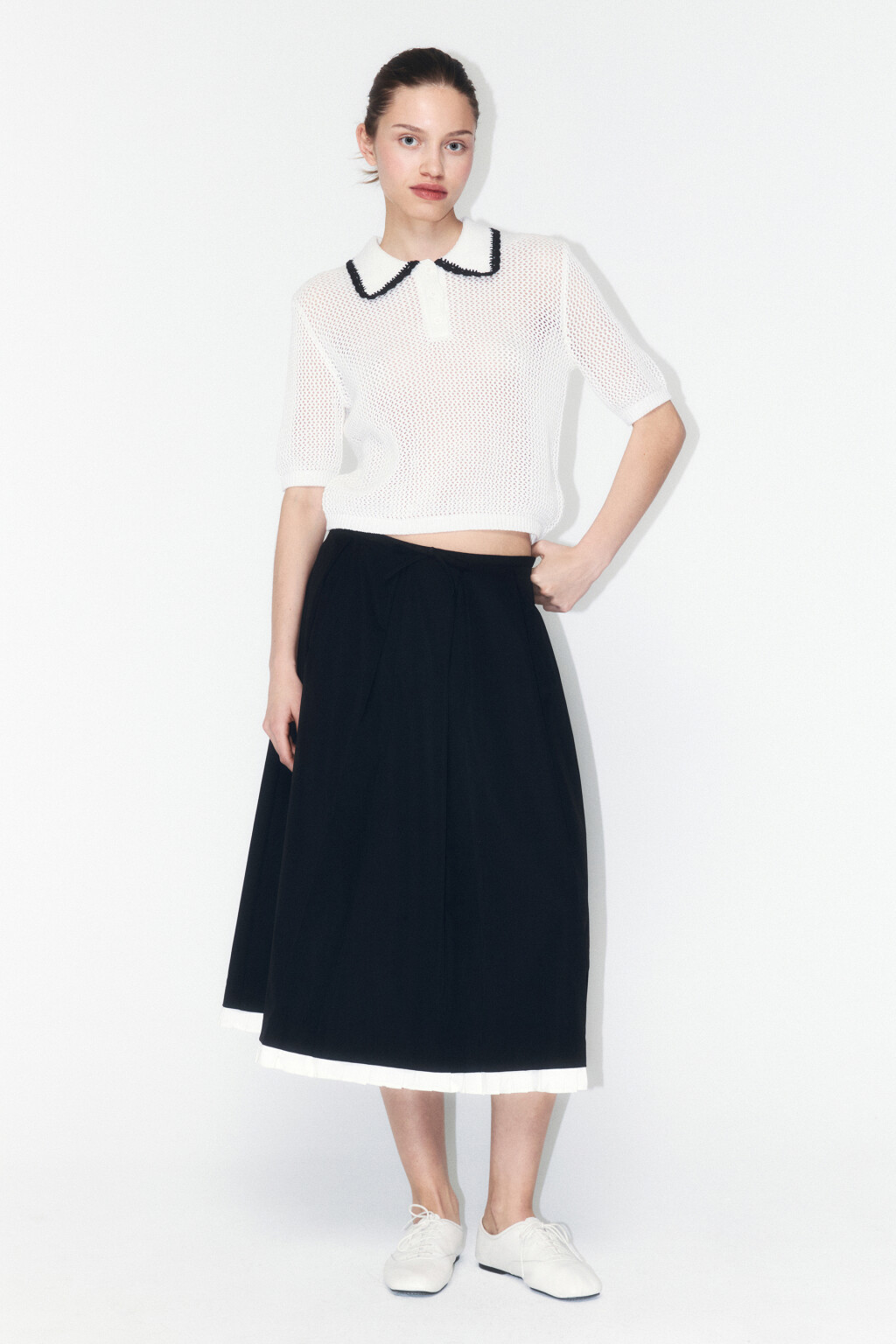 Джемпер-поло ажурный с короткими рукавами - цвет молочный - 4