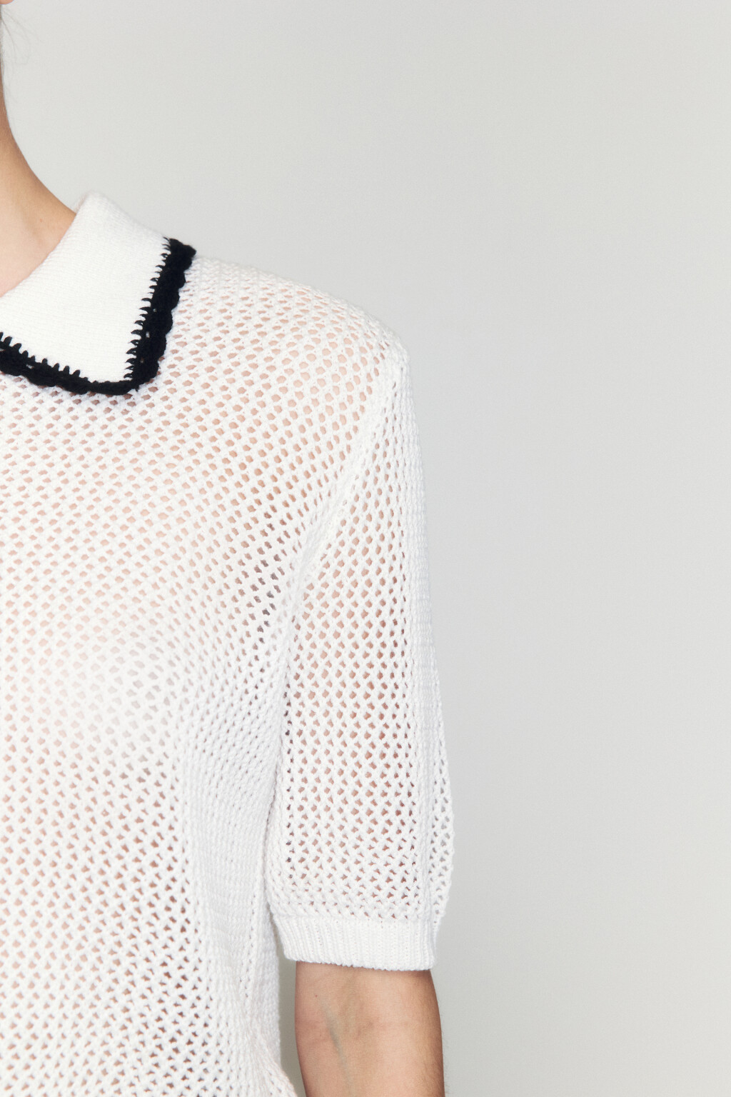 Джемпер-поло ажурный с короткими рукавами - цвет молочный - 6
