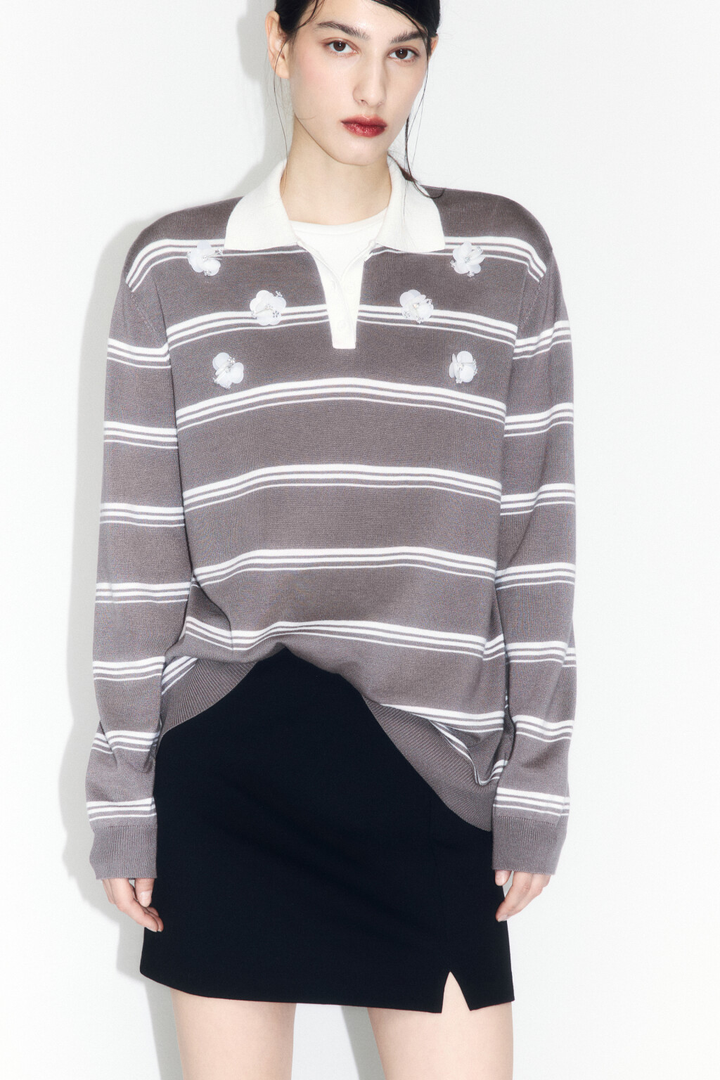 Джемпер-поло в полоску с цветочным декором - цвет бежевый - 1