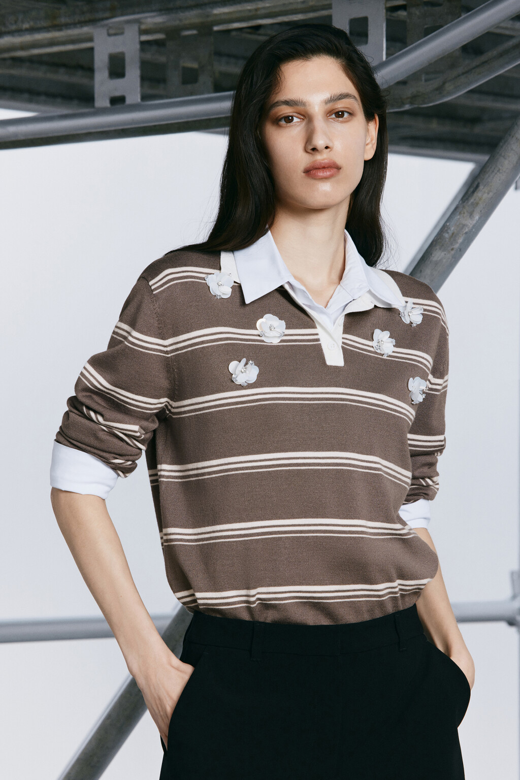 Джемпер-поло в полоску с цветочным декором - цвет бежевый - 8
