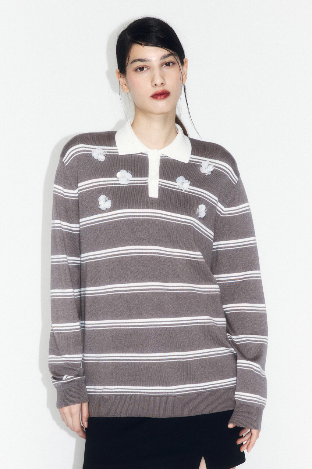 Джемпер-поло в полоску с цветочным декором - цвет бежевый - 2