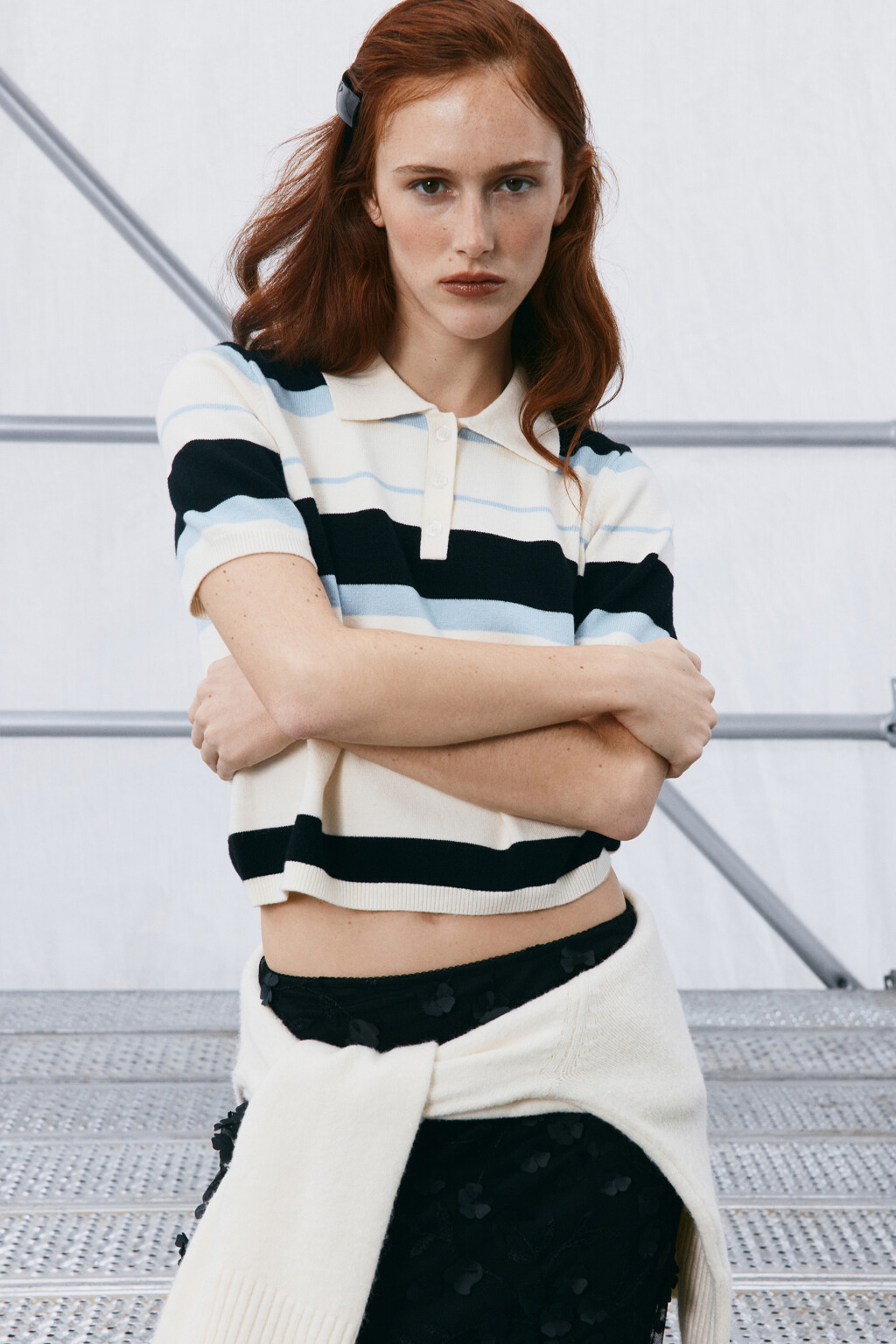 Футболка-поло вязаная укороченная в полоску - цвет синий - 7