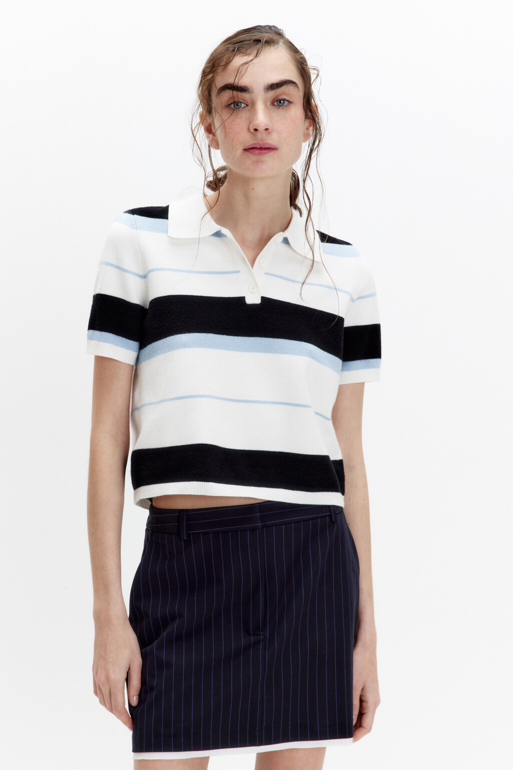 Футболка-поло вязаная укороченная в полоску - цвет синий - 2