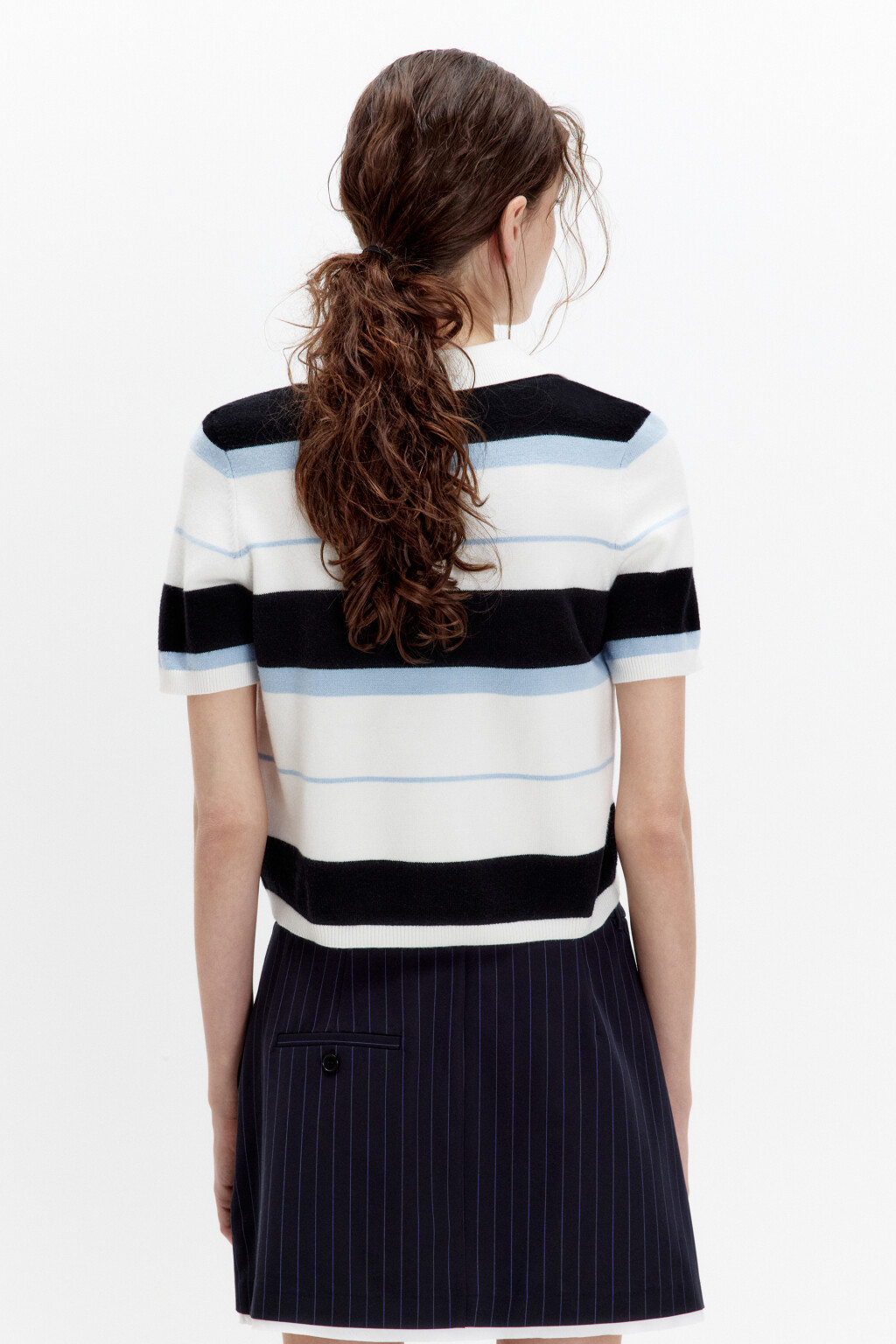 Футболка-поло вязаная укороченная в полоску - цвет синий - 3