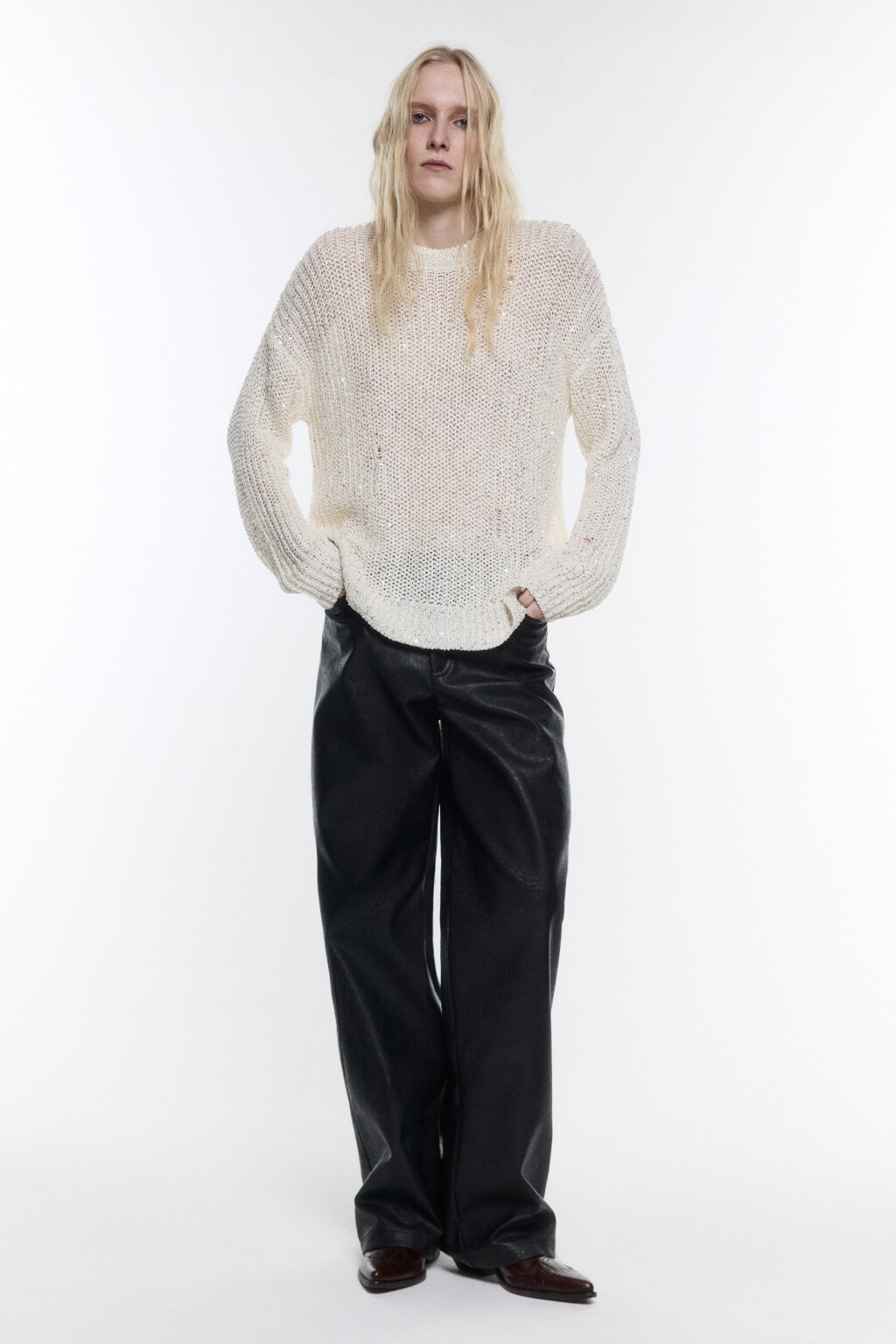 Джемпер вязаный в рубчик с пайетками - цвет молочный - 5