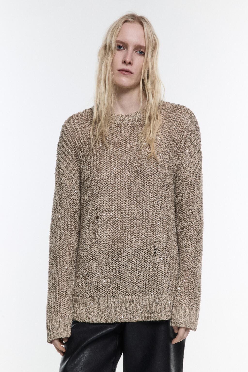Джемпер вязаный в рубчик с пайетками - цвет бежевый - 3