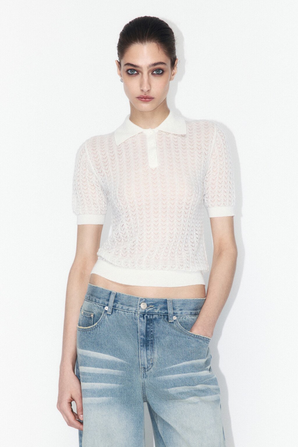 Джемпер вязаный ажурный с застежкой на груди - цвет молочный - 4