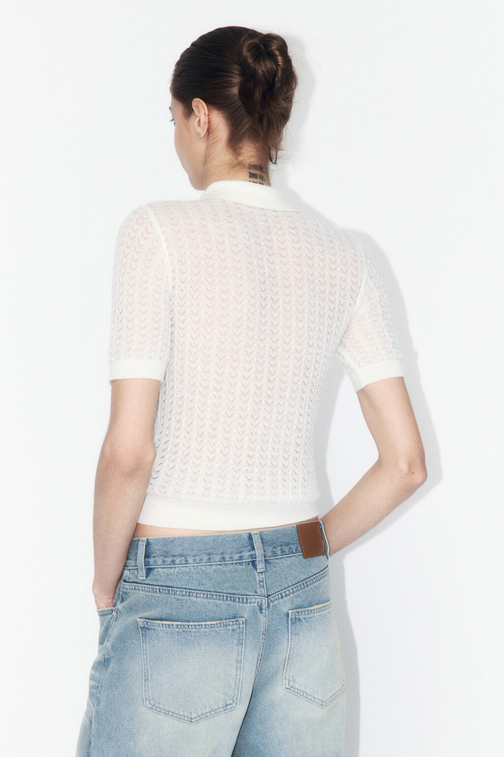 Джемпер вязаный ажурный с застежкой на груди - цвет молочный - 5