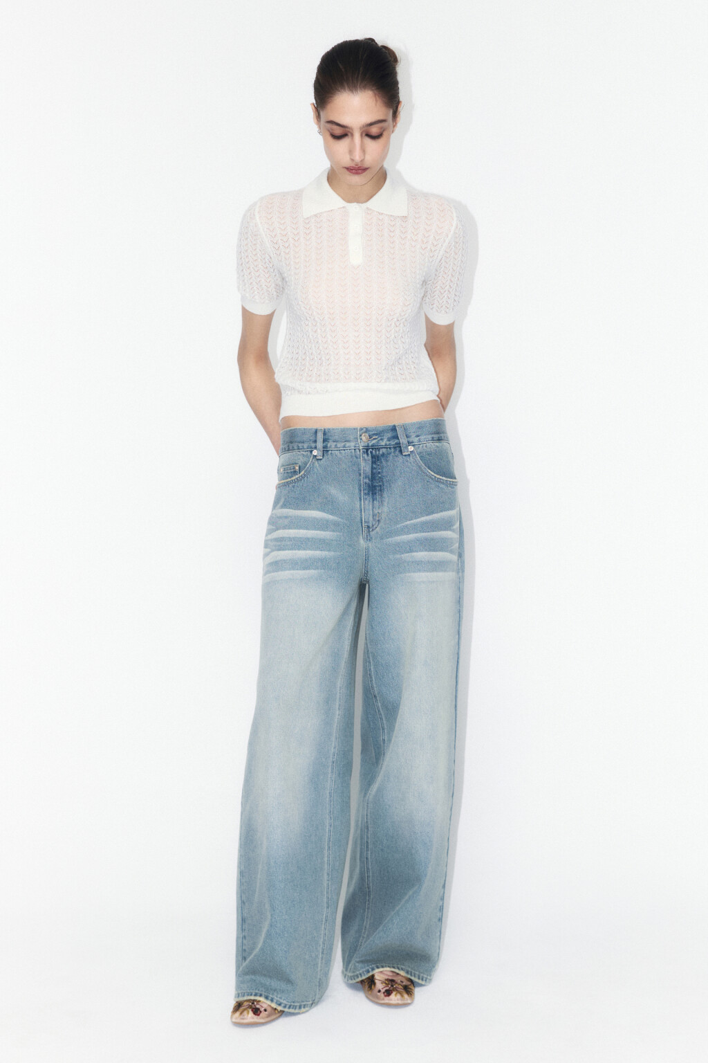 Джемпер вязаный ажурный с застежкой на груди - цвет молочный - 6