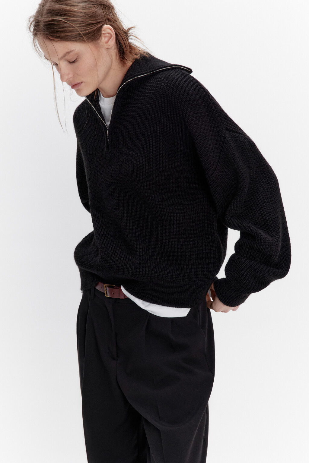 Свитер в рубчик с воротником на молнии - цвет черный - 1