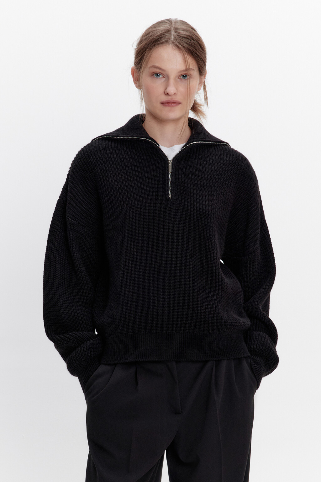 Свитер в рубчик с воротником на молнии - цвет черный - 3