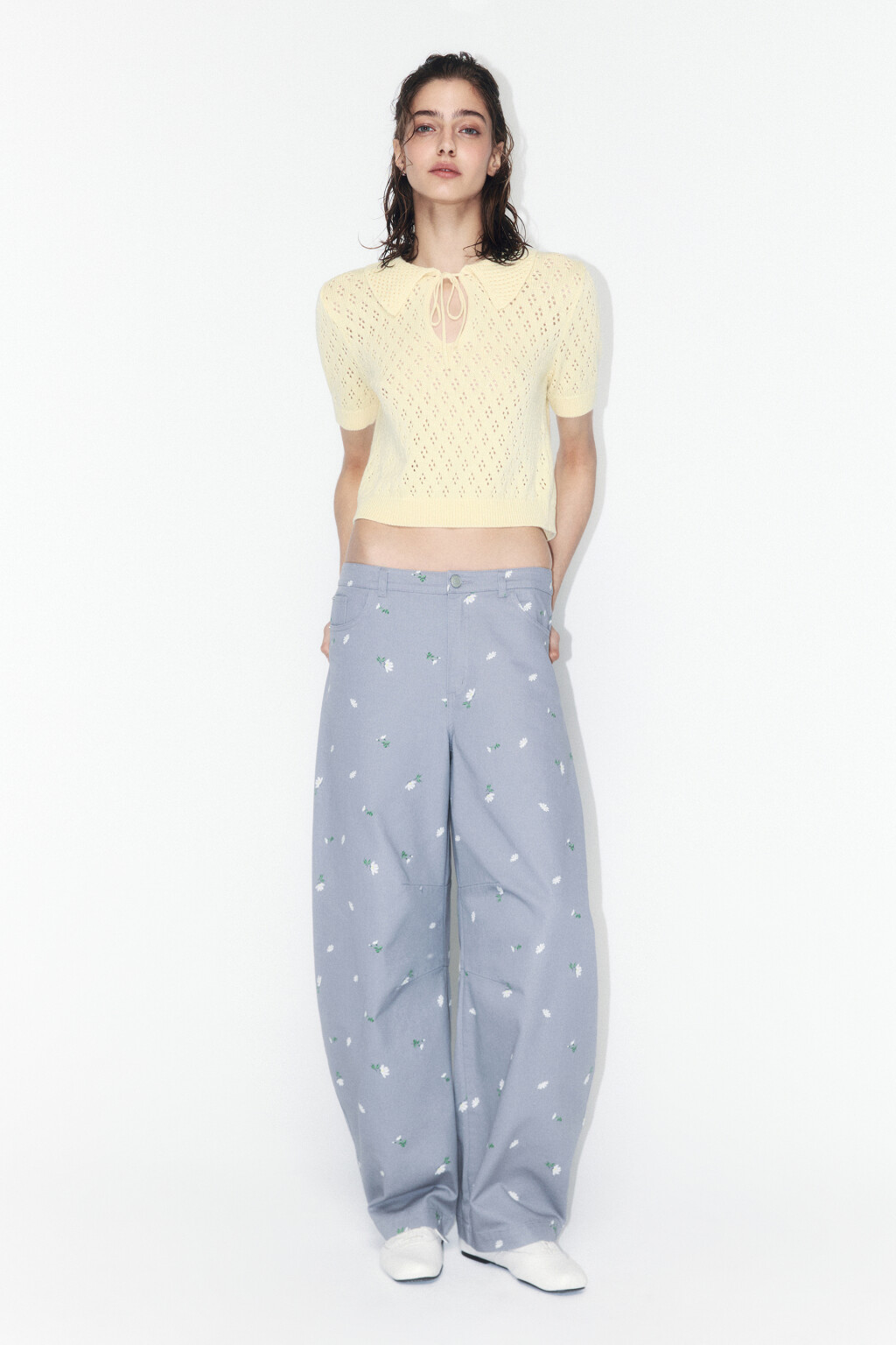 Джемпер вязаный ажурный с завязками на груди - цвет желтый - 7