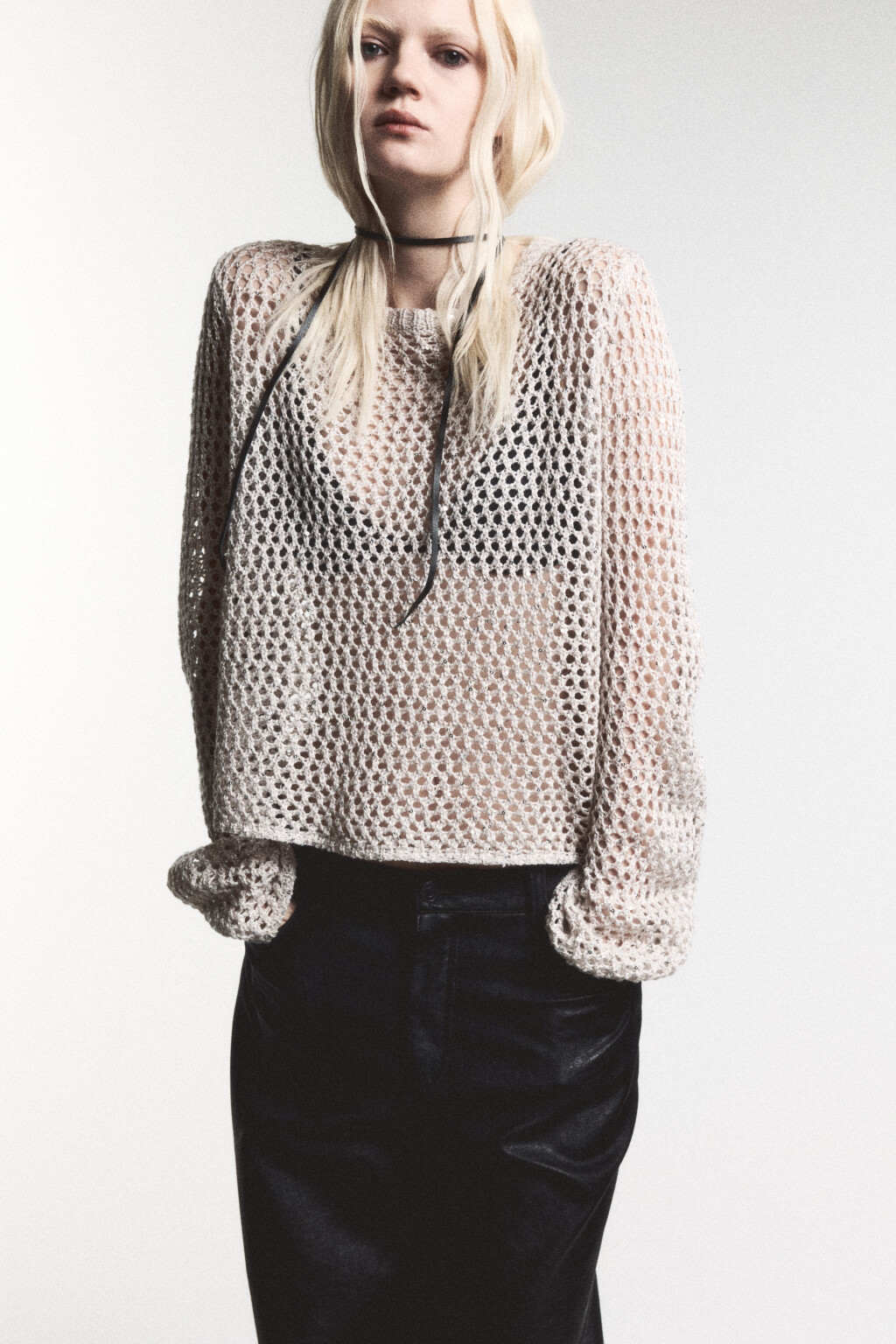 Джемпер-кроше ажурный с пайетками - цвет бежевый - 1